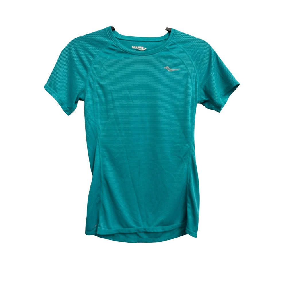 Saucony Womens RunDry Short Sleeve Running Shirt Teal Blue Small Athletic Top